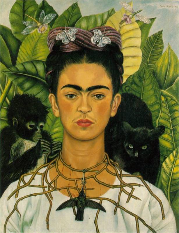 Self-Portrait with Thorn Necklace and Hummingbird, featured in the "Frida Kahlo: Art, Garden, Life" exhibition