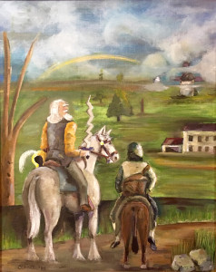 Don Quixote and Sancho looking out at the countryside, with the inn/"castle" and windmill in the distance.