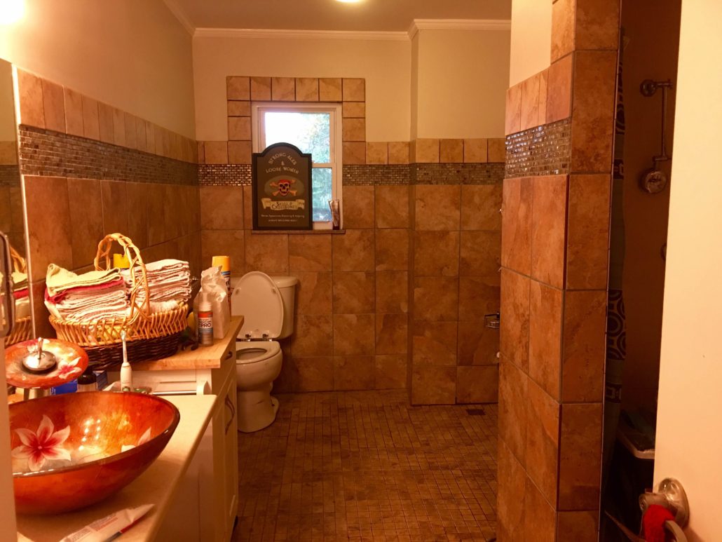 View into a bathroom remodeled to be wheelchair accessible.