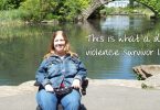 Karin in Central Park, NYC with caption "This is what a domestic violence survivor looks like."